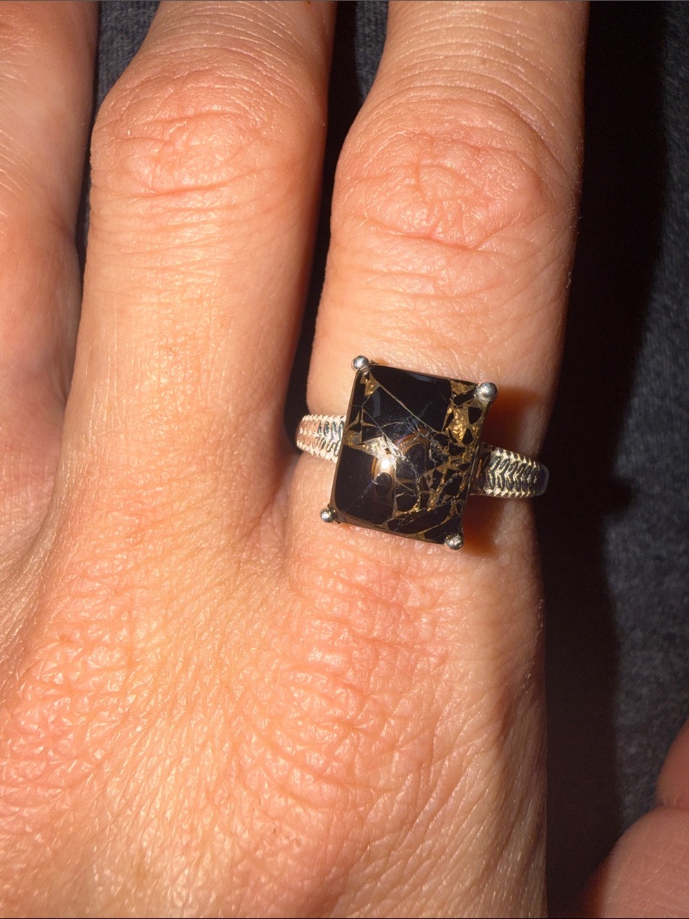 Sterling Silver Matrix Shungite Stone With Metallic Gold Veins Sz8